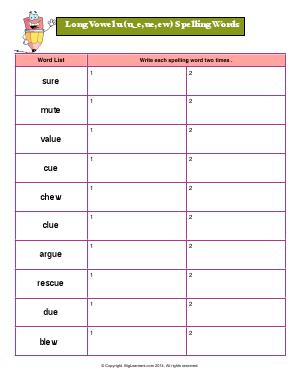 Preview image for worksheet with title Long Vowel u (u_e,ue,ew) Spelling Words