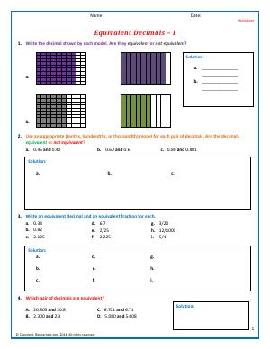 Preview image for worksheet with title Equivalent Decimals - I