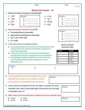 Preview image for worksheet with title Round Decimals - II