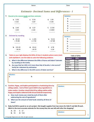 Preview image for worksheet with title Estimate- Decimal Sums and Differences - I
