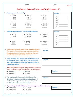 Preview image for worksheet with title Estimate- Decimal Sums and Differences - II