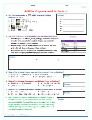 Preview image for worksheet with title Addition Properties and Decimals - I