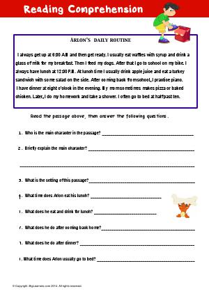 Preview image for worksheet with title Reading Comprehension : Arlon's Daily Routine