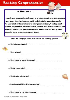Preview image for worksheet with title Reading Comprehension : A Big Meal