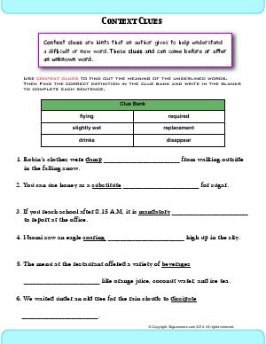 Preview image for worksheet with title Context Clues