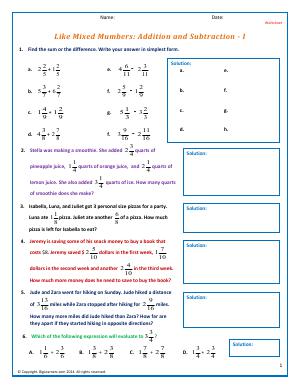 Preview image for worksheet with title Like Mixed Numbers: Addition and Subtraction - I