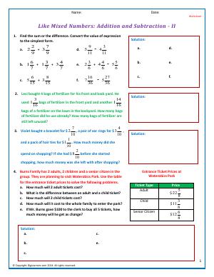 Preview image for worksheet with title Like Mixed Numbers: Addition and Subtraction - II