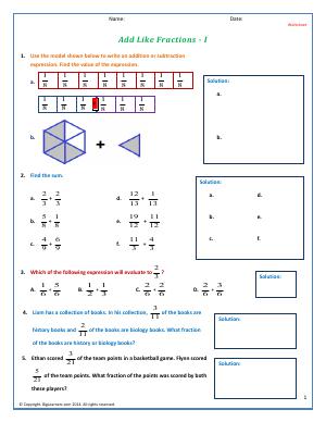 Preview image for worksheet with title Add Like Fractions - I