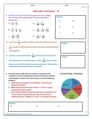 Preview image for worksheet with title Add Like Fractions - II