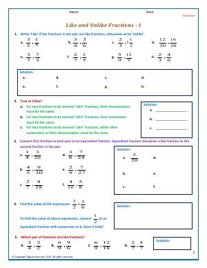 Preview image for worksheet with title Like and Unlike Fractions - I