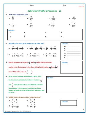 Preview image for worksheet with title Like and Unlike Fractions - II