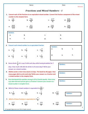Preview image for worksheet with title Fractions and Mixed Numbers - I