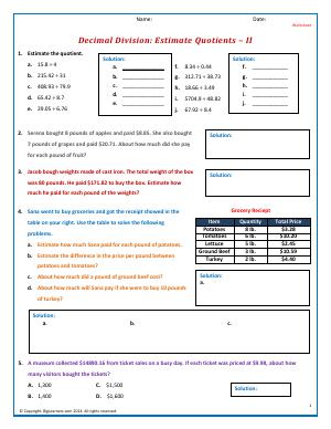Preview image for worksheet with title Decimal Division: Estimate Quotients - II