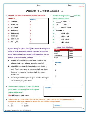 Preview image for worksheet with title Patterns in Decimal Division - II