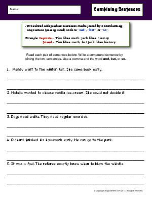 Preview image for worksheet with title Combining Sentences