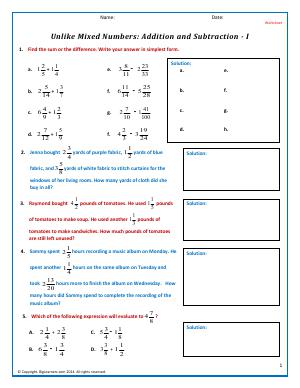 Preview image for worksheet with title Unlike Mixed Numbers: Addition and Subtraction - I