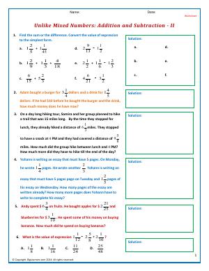 Preview image for worksheet with title Unlike Mixed Numbers: Addition and Subtraction - II