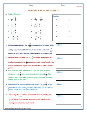 Preview image for worksheet with title Subtract Unlike Fractions - I