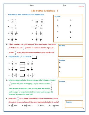 Preview image for worksheet with title Add Unlike Fractions - I