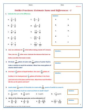 Preview image for worksheet with title Unlike Fractions: Estimate Sums and Differences - I
