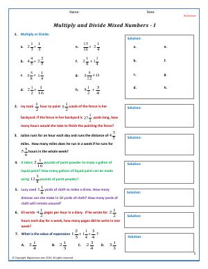 Preview image for worksheet with title Multiply and Divide Mixed Numbers - I
