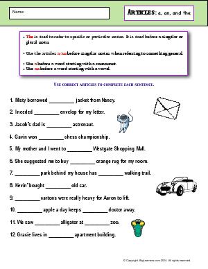 Preview image for worksheet with title Articles: a, an, and the