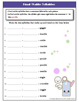 Preview image for worksheet with title Final Stable Syllables