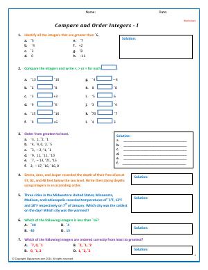 Preview image for worksheet with title Compare and Order Integers - I