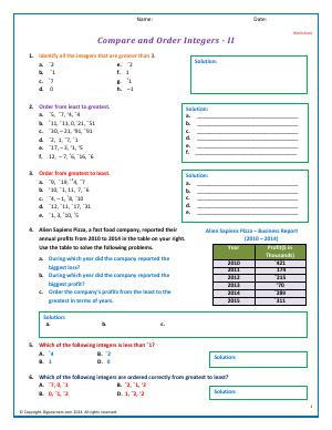 Preview image for worksheet with title Compare and Order Integers - II