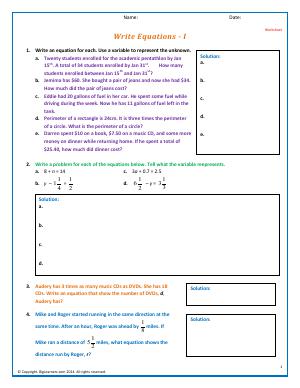 Preview image for worksheet with title Write Equations - I