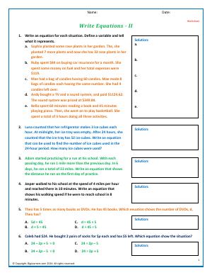 Preview image for worksheet with title Write Equations - II