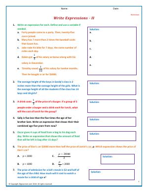 Preview image for worksheet with title Write Expressions - II