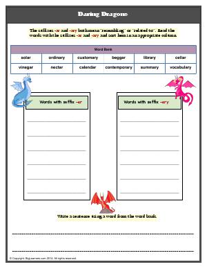 Preview image for worksheet with title Daring Dragons (Suffixes -ar and -ary)