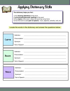 Preview image for worksheet with title Applying Dictionary Skills