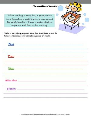 Preview image for worksheet with title Transition Words