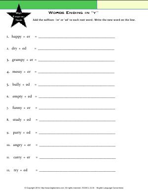 Preview image for worksheet with title Words Ending in “y”