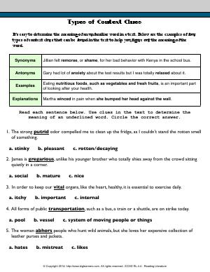 Preview image for worksheet with title Types of Context Clues
