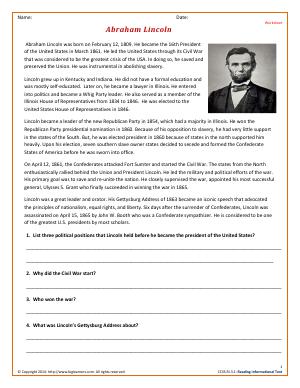 Preview image for worksheet with title Abraham Lincoln