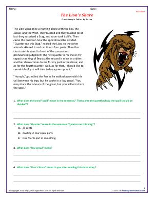 Preview image for worksheet with title The Lion's Share