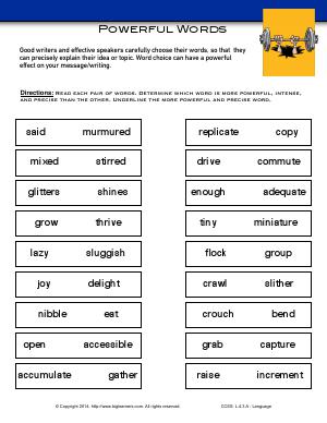 Preview image for worksheet with title Powerful Words