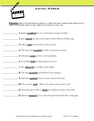 Preview image for worksheet with title Action Words