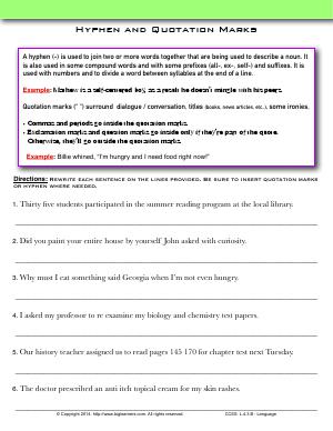 Preview image for worksheet with title Hyphen and Quotation Marks