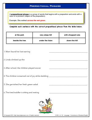 Preview image for worksheet with title Prepositional Phrases