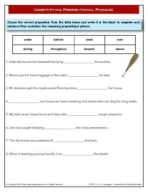 Preview image for worksheet with title Indentifying Prepositional Phrases
