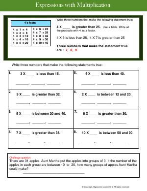 Preview image for worksheet with title Expressions with Multiplication