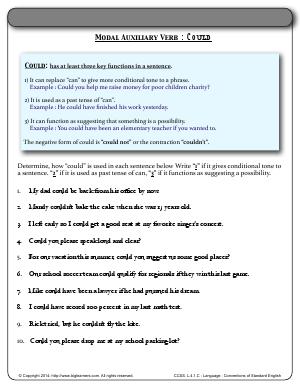 Preview image for worksheet with title Modal Auxiliary Verb : Could