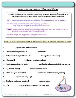 Preview image for worksheet with title Modal Auxiliary Verbs : May and Might