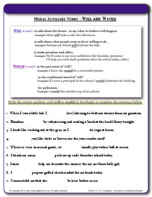Preview image for worksheet with title Modal Auxiliary Verbs : Will and Would