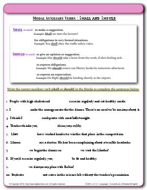 Preview image for worksheet with title Modal Auxiliary Verbs : Shall and Should