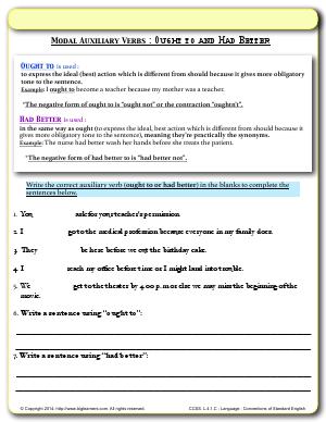 Preview image for worksheet with title Modal Auxiliary Verbs : Ought to and Had Better